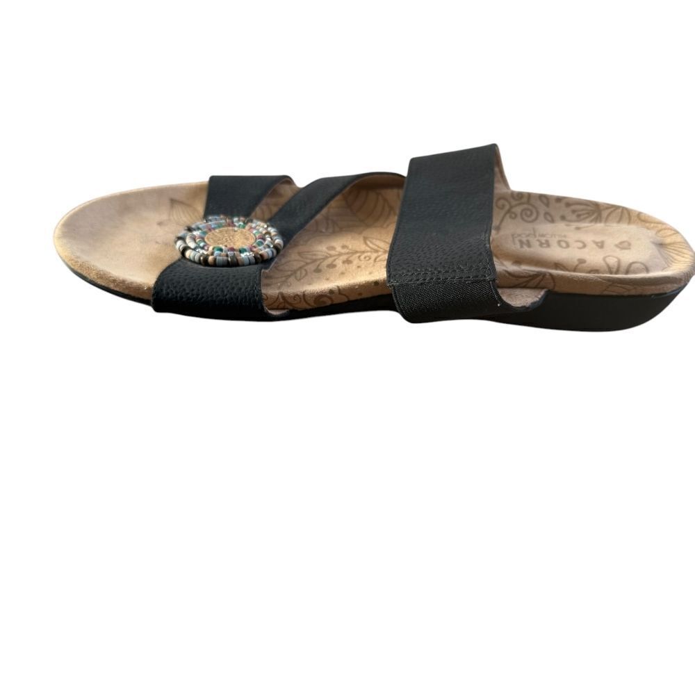 Acorn Pillow Pod Sandals Size 7 Black Beaded Open Toe Flat Shoes Strappy - Picture 3 of 8